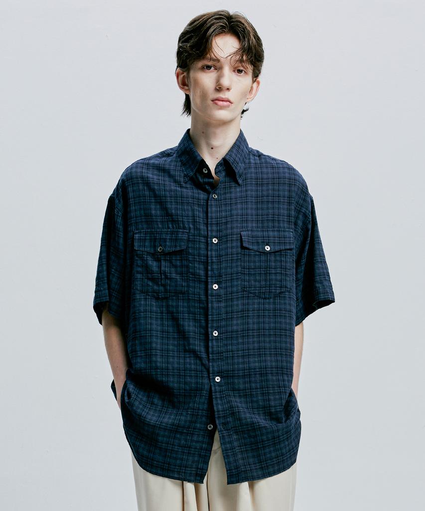 SSY [2Pack] Washed Check Linen 2-Pocket Loose Fit Half Shirt