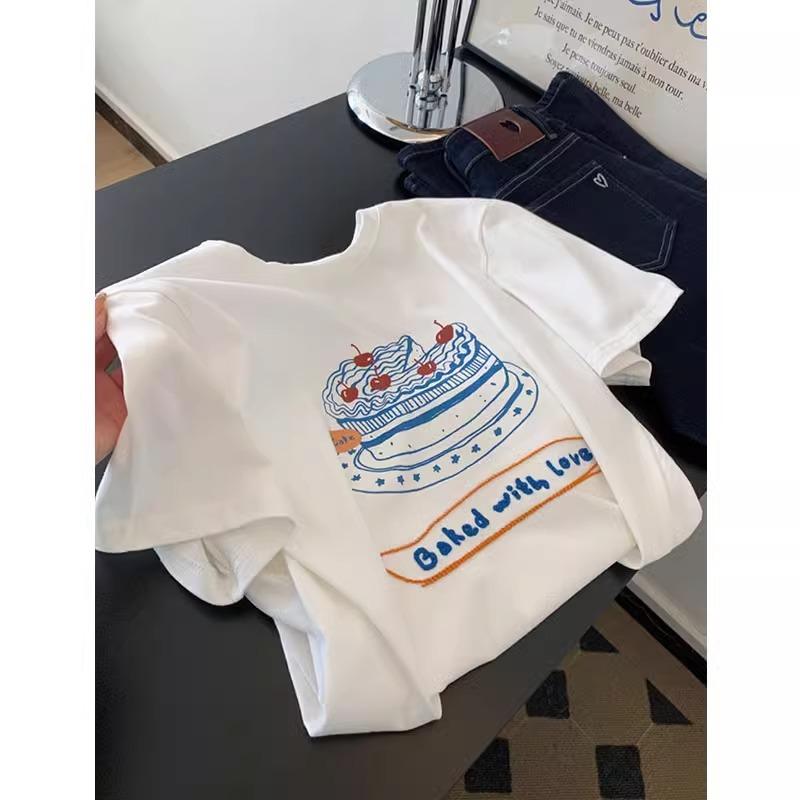 

White Crew Neck Cake Printed Short Sleeve T-Shirt Women s Summer Age Reduction Commuter Casual Versatile Top S