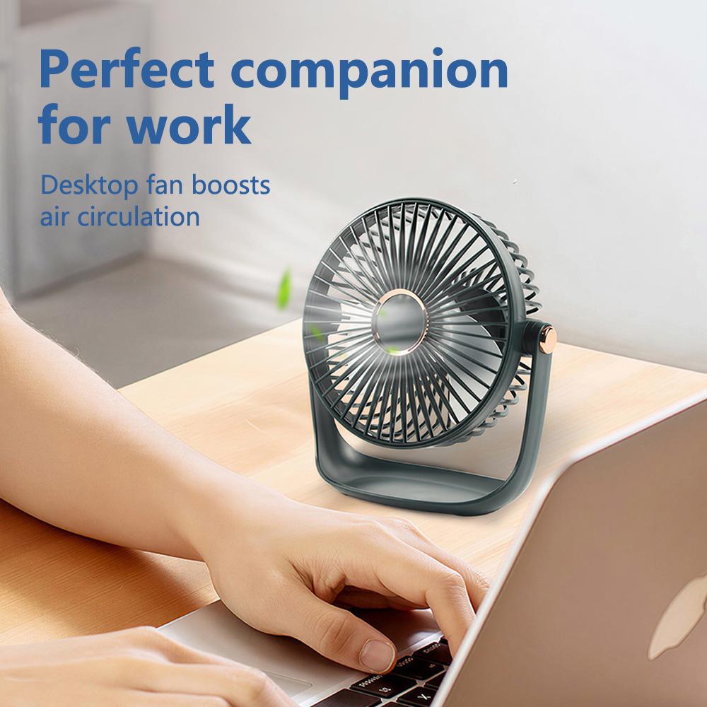 Home Portable Mini Desktop Fan USB Rechargeable Fan 5-Speed Wind and LED Light 360° Rotation 6 Inch Quiet Fan for Bedroom Office