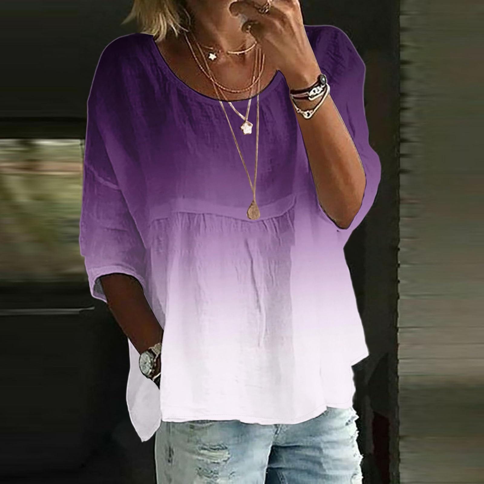 

Льняные рубашки для женщин с рукавом 3/4 на пуговицах с круглым вырезом летние топы нарядные повседневные милые рубашки L фиолетовый