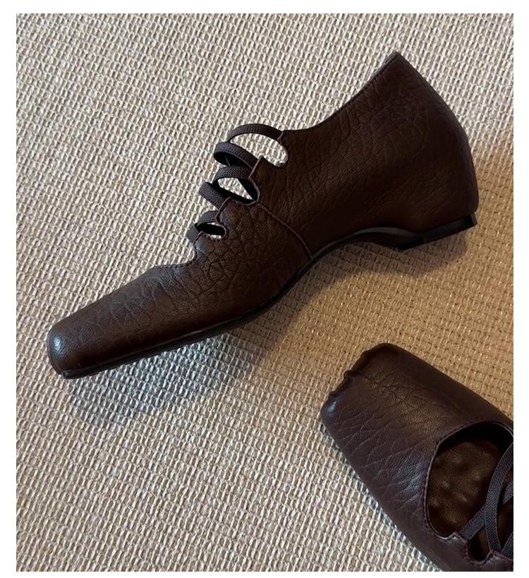 

Retro square head pig nose ballet shoes shallow mouth inner height increase single shoes women s cross belt Mary Jane shoes 40 коричневий