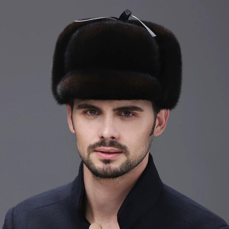 Mink Hat Male Whole Mink Winter Middle-aged and Elderly Leather Ear Protection Mink Fur Cotton Hat Warm in Winter