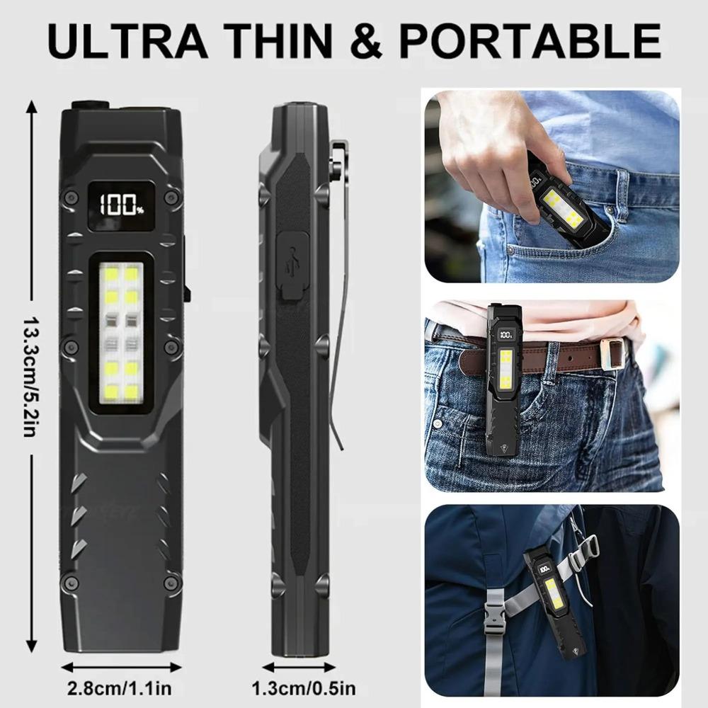 eDC flashlight,rechargeable lED flat flashlight w/Clip & digital display,Pocket flashlight for camping emergency