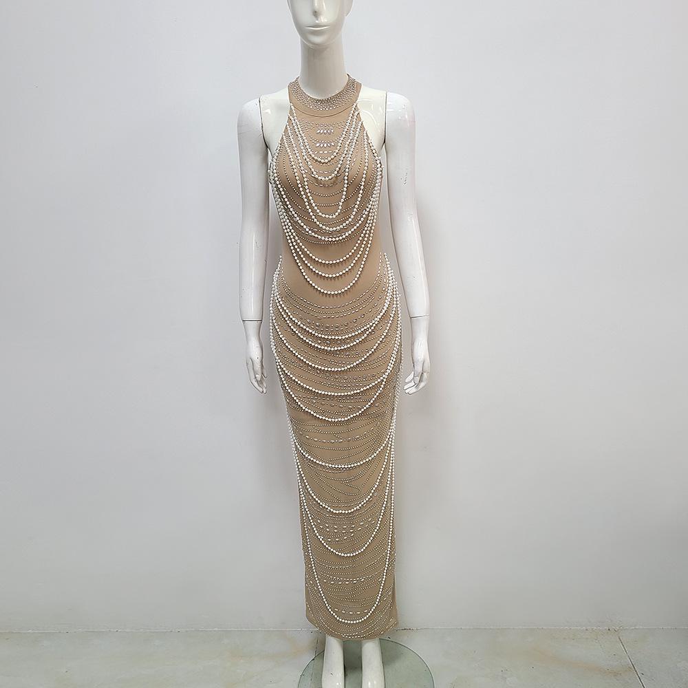 Ärmelloses Neckholder-Netzkleid für Damen aus Europa und Amerika mit Perlen und heißen Diamanten für Abendpartys und Bankette