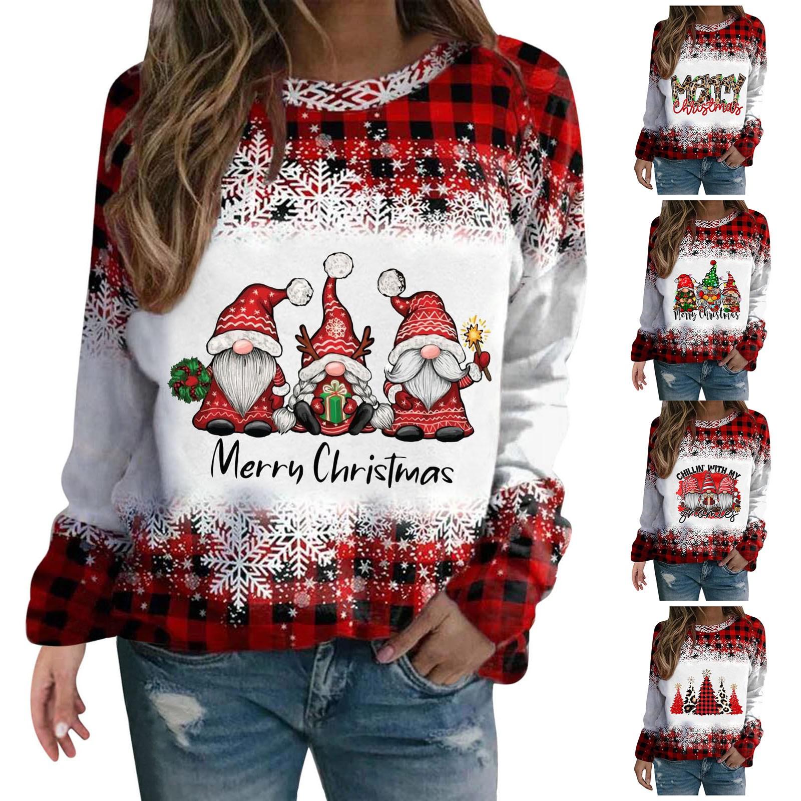 

Женская новая мода Свободный круглый вырез с рукавами до плеч Рождественский принт Повседневный топ с длинными рукавами