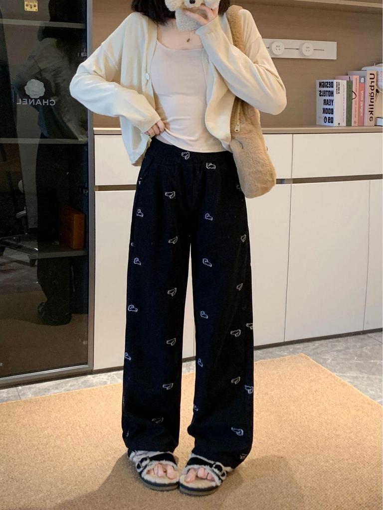 Women's Plus Size Retro Corduroy Rabbit Embroidery Straight-Leg Pants for Autumn Winter