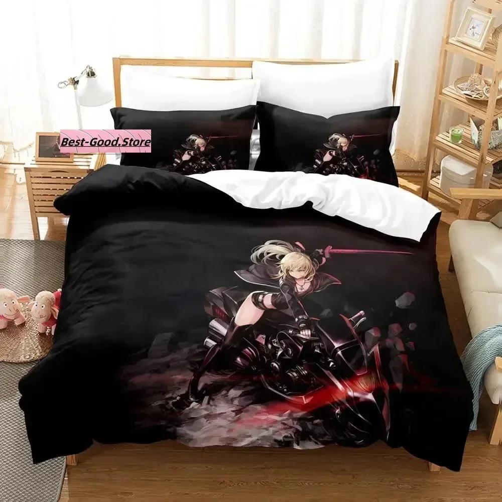 Fate Saber 3D-tryck Anime Sängklädesset Tryckt Påslakan Örngott Enkelt Dubbelt Queen Super King Size Set