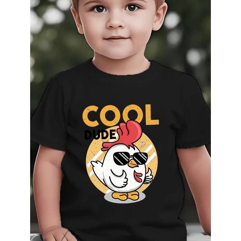 Europäische Größen Baby Kurzarm Cartoon Cooles Hühnermuster Lustiger Druck Mode Trendig Sommer Vielseitig Rundhals Oberteil Kinder Freizeit T-Shirt