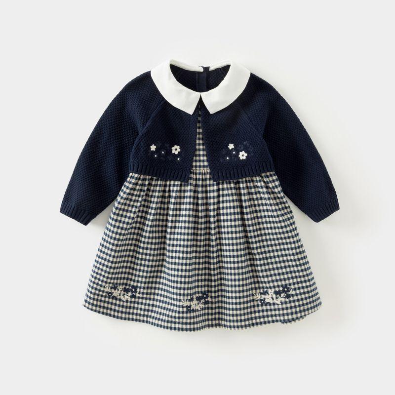 David Bella Children s Sweater Dress 2026 Spring Girls  Fake Two-Piece Knitted Dress Baby Long-Sleeved Thick Dress Navy Blue [Ready in Stock] 80