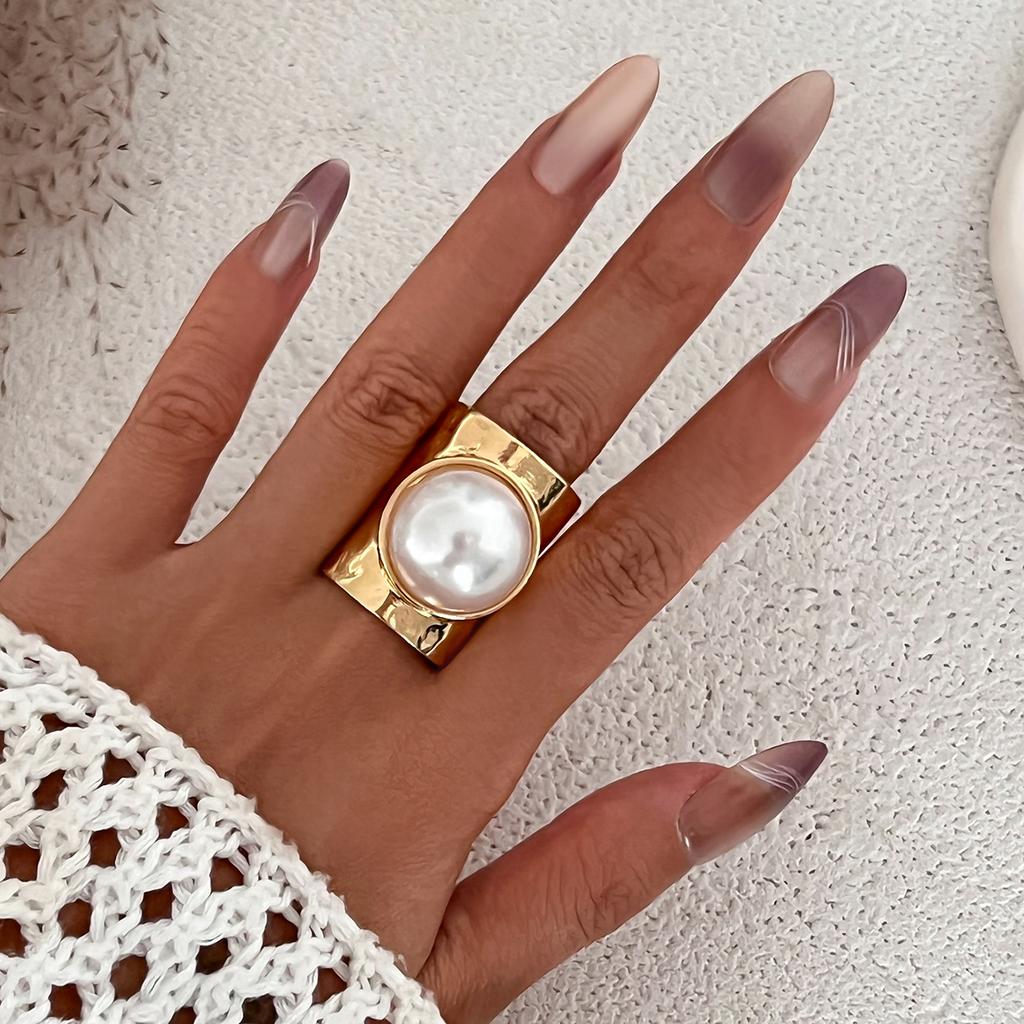 IngeSight.Z Exaggerated Big Irregular Metal Wide Ring for Women Creative Design Inlaid Imitation Pearl Finger Ring Jewelry