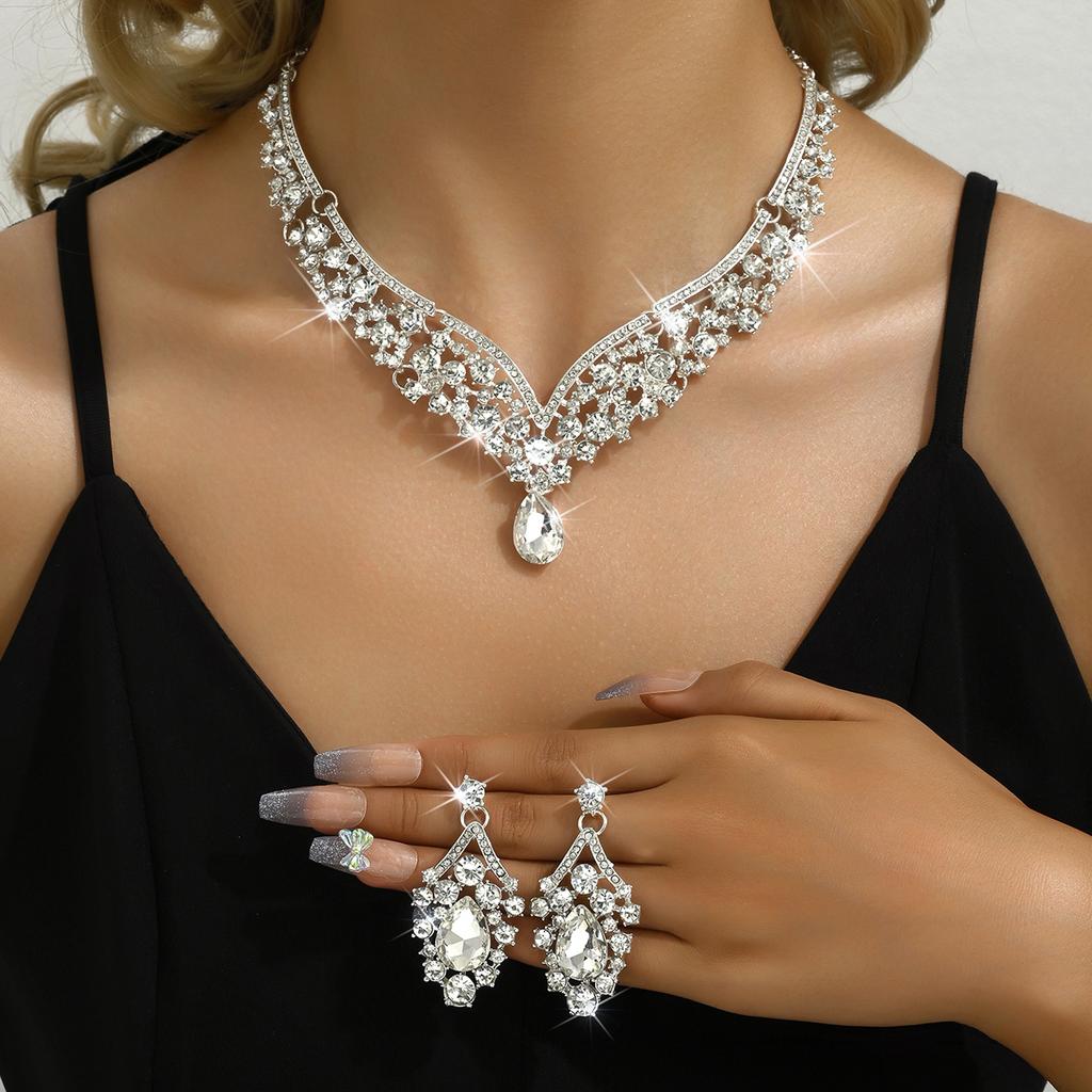 3PC Wedding Season Women's Fashion Full Zircon Water Drop Necklace Earrings Zircon Set Wedding Banquet Party Holiday Gift