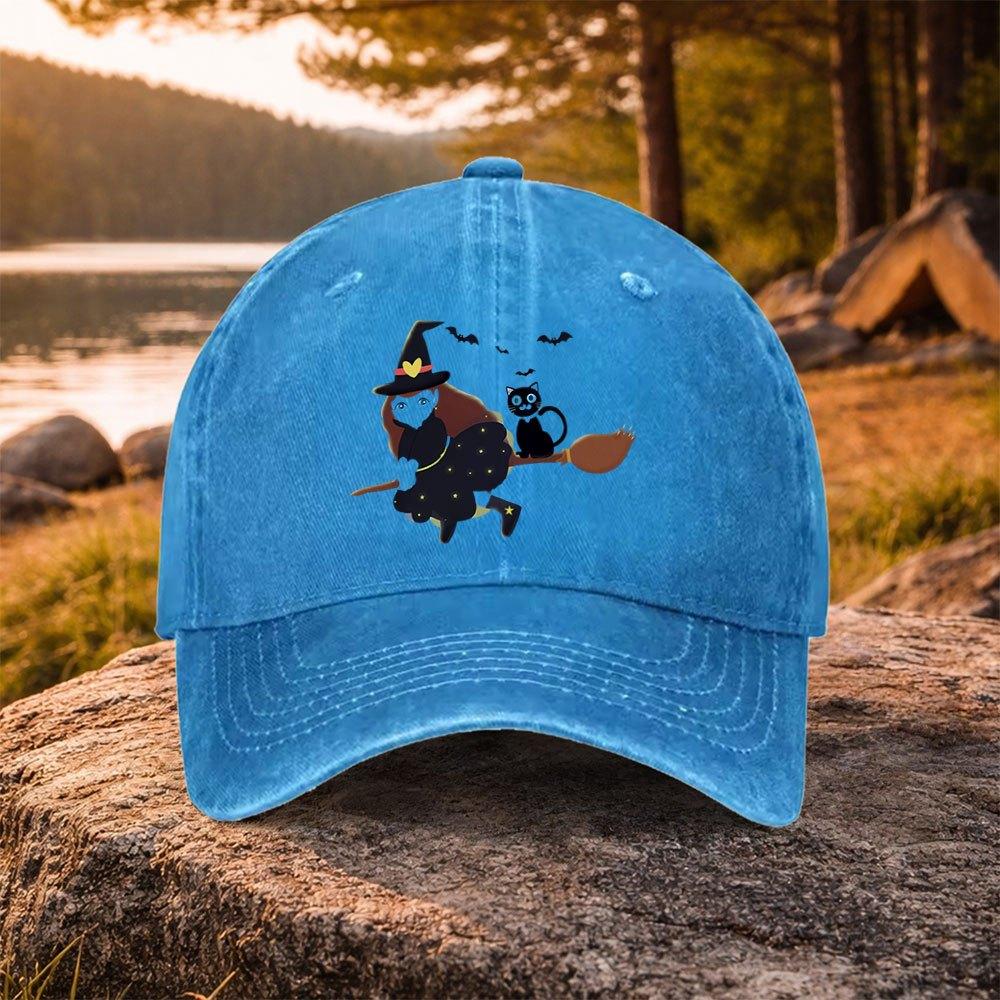 Halloween Witch Black Cat Print Washed Baseball Cap Unisex Casual Hat for Golf Outdoor Daily Wear