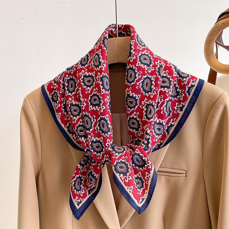 Women's French Red Cotton Silk Blend Scarf – 70CM Neck and Headscarf, Spring/Autumn Fashion Accessory