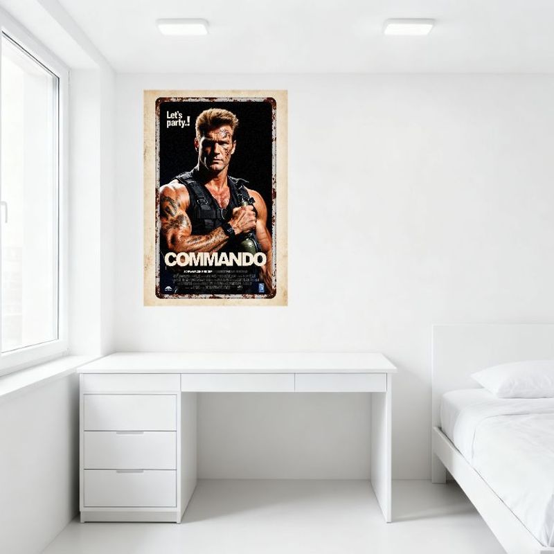 Commando Movie Poster Schwarzenegger Vintage Metal Sign, Muscular Warrior with Tattoos, Retro Rusty Frame, R-Rated for Bar Home