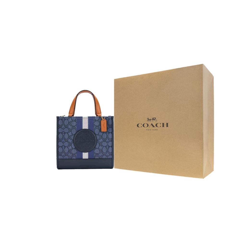 Coach Dempsey 22 Monogram Stripe Logo Accent Fabric And Leather Tote Bag Women Tote Bags Denim-Blue Hazelnut CQ878-IMXCY
