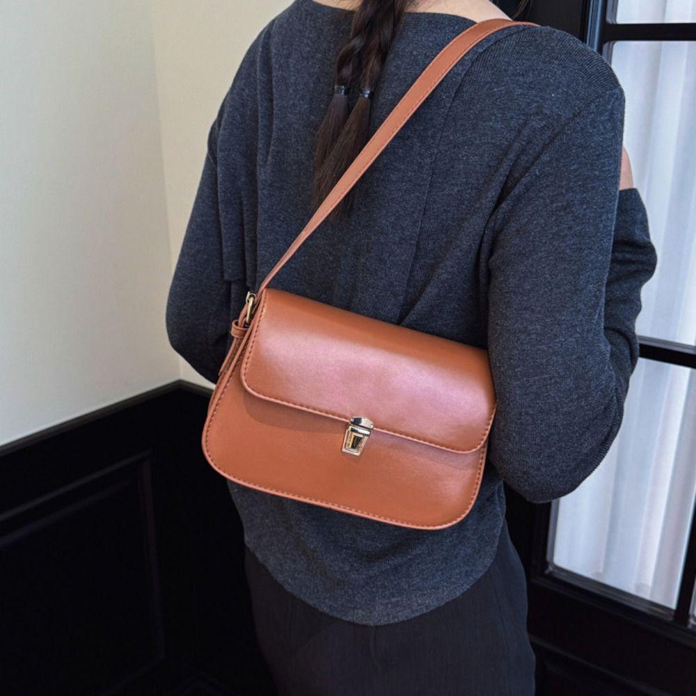 Portable Vintage Buckle Shoulder Bag PU Leather Solid Color Retro Underarn Bag Cuasal Leisure Women's Armpit Bag Daily