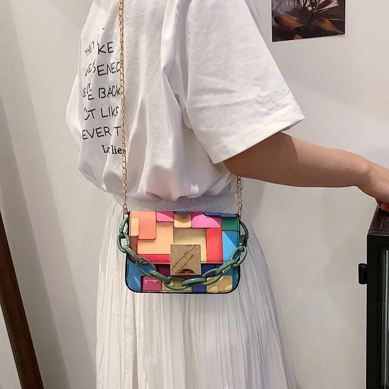 Women's Vintage Portable HandBag Versatile Single Shoulder Slant Across Bag Female Contrast Color Small Square Chain Bag