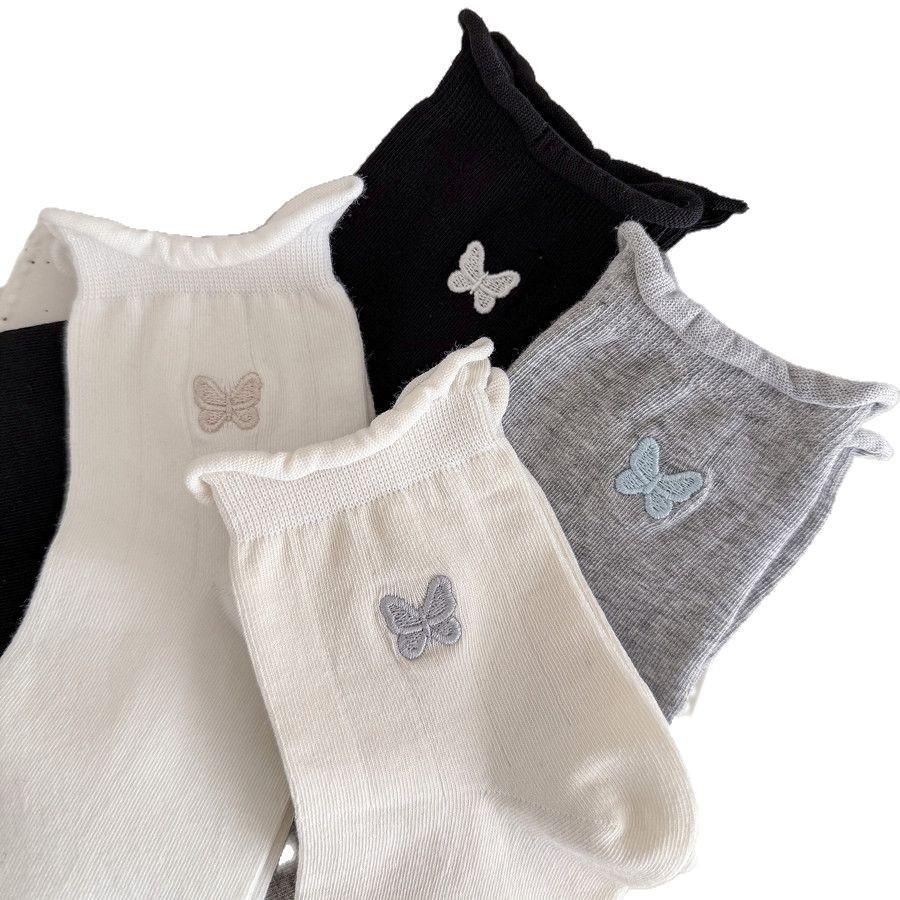 Women's Spring and Autumn Mesh Bow Embroidery Mid-calf Socks, Women's Slimming Trendy Socks, Rolled-up Postpartum Socks