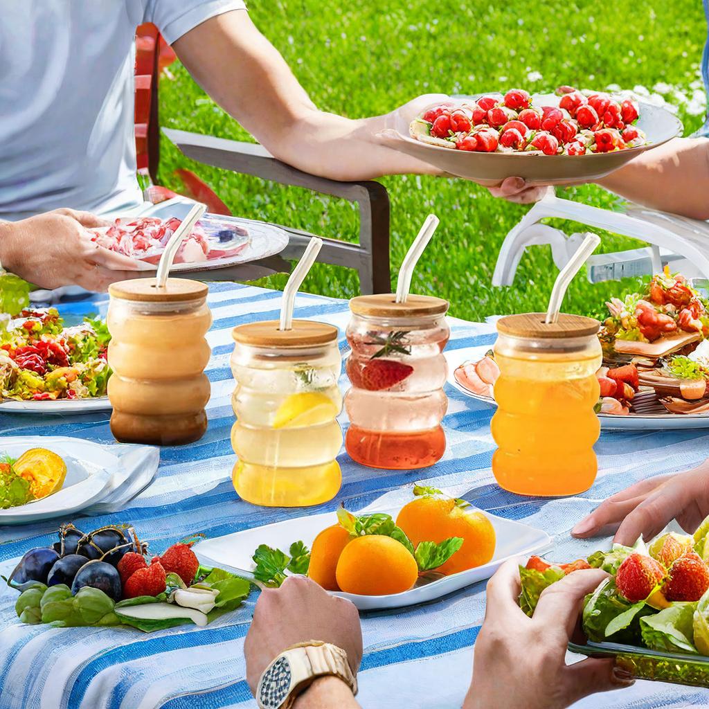 1/2/4 BUC Pahar Creativ din Sticlă cu Capac Pai Rezistent la Căldură Pahar Ondulat Pahar pentru Bere Suc Cafea cu Gheață Pahare Cocktail Fructe Sticlă pentru Băuturi