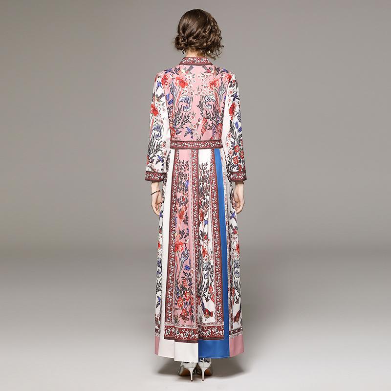 Primavera otoño Vintage marca diseñador estampado vestido de pasarela mujeres cuello de solapa largo Maxi vestidos de fiesta casuales