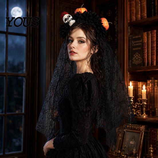 Halloween Party Hair Accessory Pumpkin Skull Floral Headband, Stable Hoop with 3D Artificial Costume Headband Flowers And Spiderweb Black Gauze Gothic