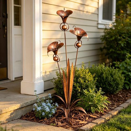 Triple Bluebells Garden Stake, Metal Flower Decoration with Bell, Calla Lilies Yard Art Sculpture, Rustic Handmade Ornament for Outdoor Lawn Patio