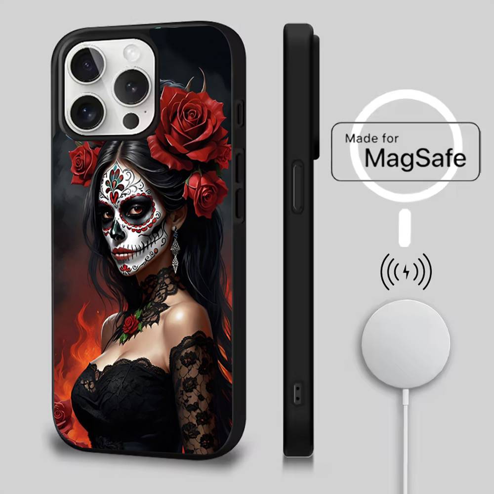 Mexican Catrina Skull Phone Case For iPhone 17,16,15,14,13,12,11,Pro,Max,Plus,Mini,Air,SE New Magsafe Magnetic Wireless Charging