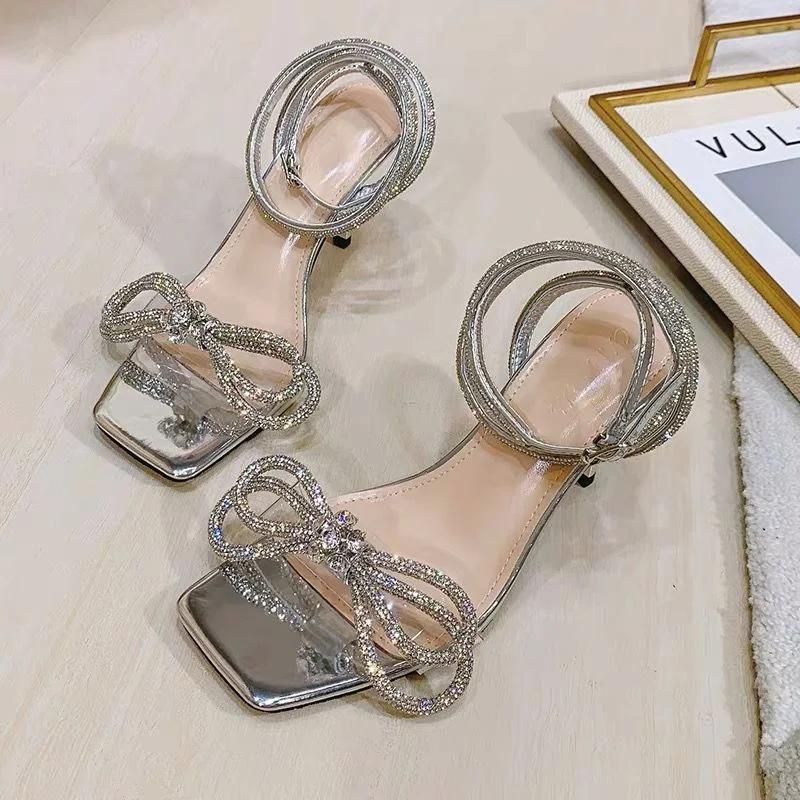 Fashion Women's Sandals Summer 2024 Rhinestone Bow High Heeled Ladies Shoes Ankle Cross Straps Sandales Femmes Square Open Toe Sandalias