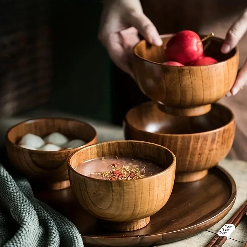 1PCS Natural Wooden Rice Bowl Household Salad Ice Cream Fruit Wooden Bowl Kitchen Food Storage Tableware