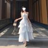 Französisch Blau Glänzendes Camisole Kuchenkleid für den Geburtstag von Mädchen oder den Urlaub am Meer; Taillenbetonend, Schlankmachend, Langes Kleid