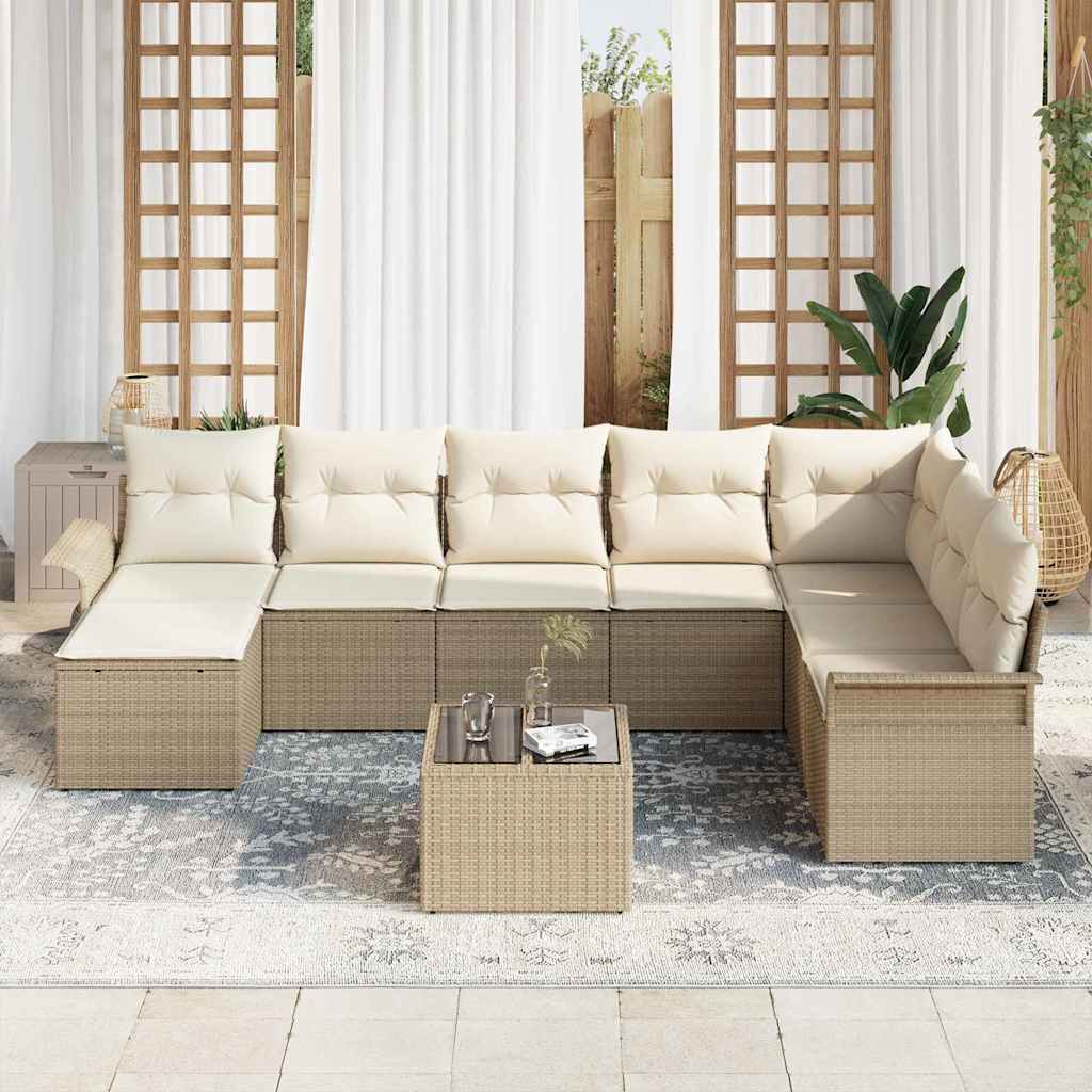 9 Piece Beige Garden Sofa Set with Cushions