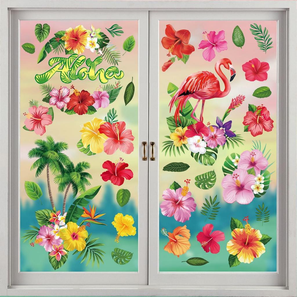 9 Sheets Summer Window Clings Stickers Double-Sided Window Decals Tropical Flamingo Green Plants Coconut Tree Designs Summer Hawaii Colorful Flower