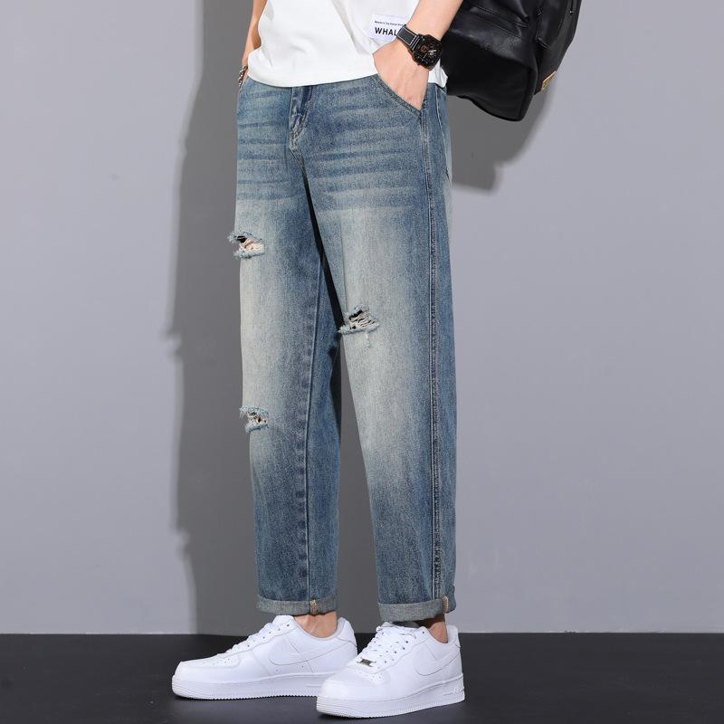 Conical Jeans Men's Loose Straight Wash American Ripped Versatile Trousers