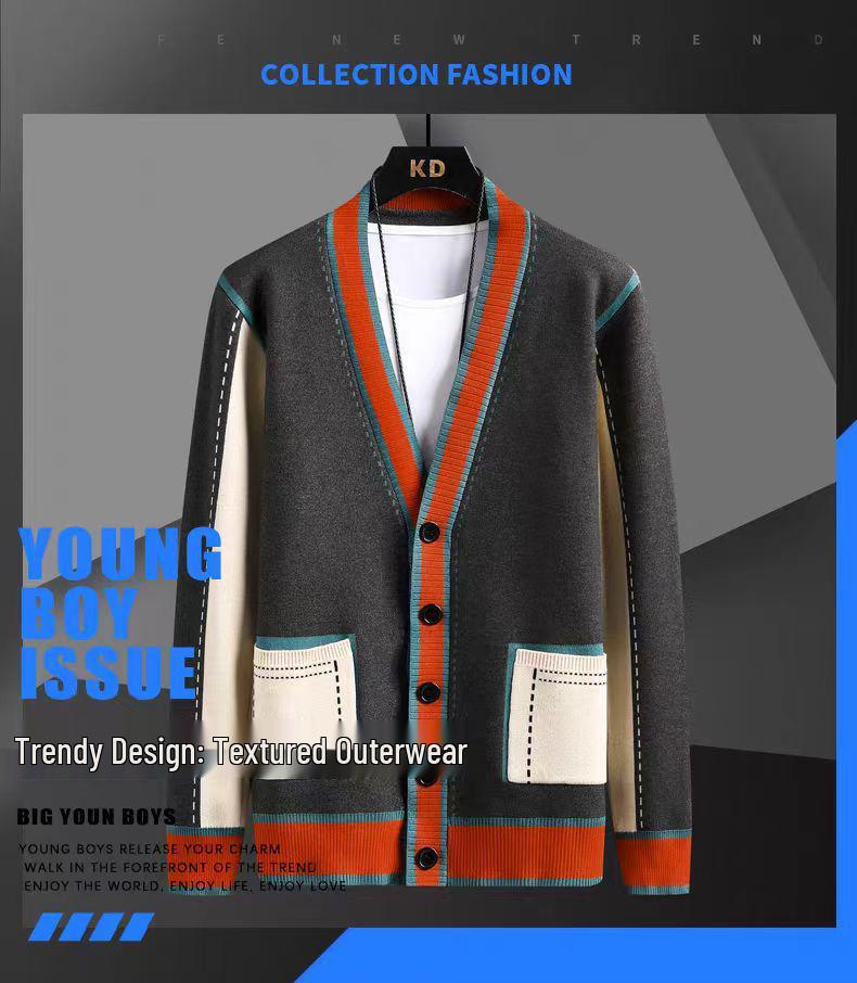Men's Trendy Color Block V-neck Knit Cardigan - Korean Style Autumn/Winter Sweater Coat
