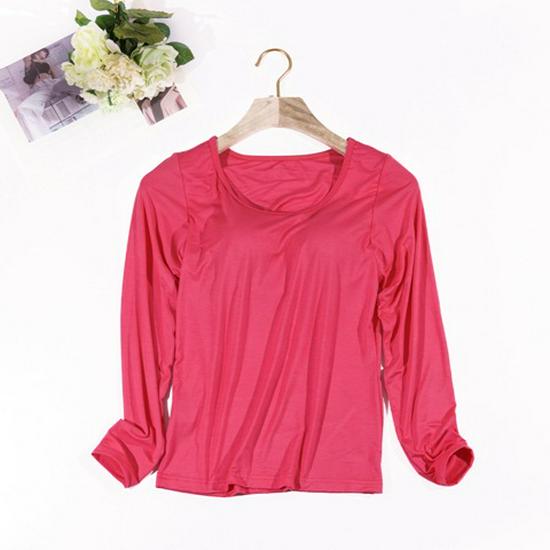 Damen Einfarbiges Langarm-Top mit eingebautem BH-Cup – Schlichter Herbst-/Winter-Stil