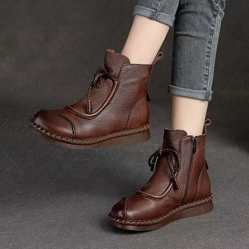 Autumn and Winter New Retro Boots Fleece Thickened Cotton Boots Soft Sole Soft Surface Casual Short Boots Side Zipper