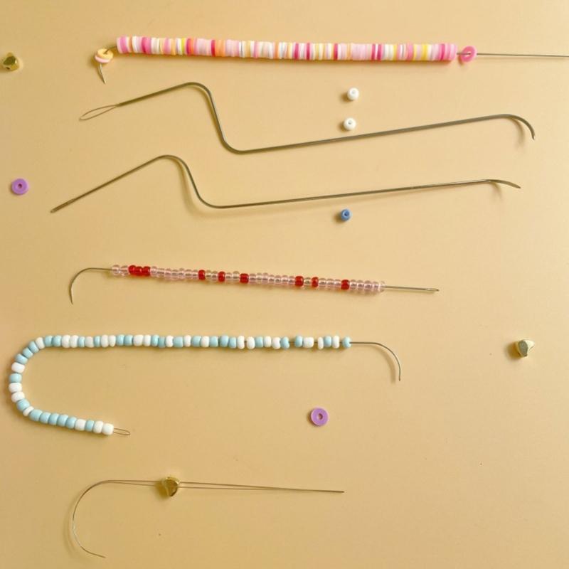 10Pcs Large Eye Beading Needle with Curved and Straight Handle, Stainless Steel Curved Beading Needle for Bead Spinner