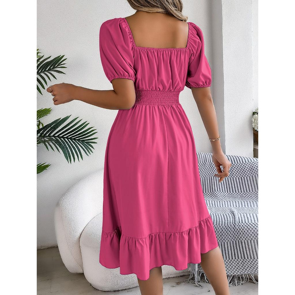 GMXIA Spring and Summer Casual Square-neck Short-sleeved, Waist-cinched, Ruffled A-line Skirt Women's Clothing