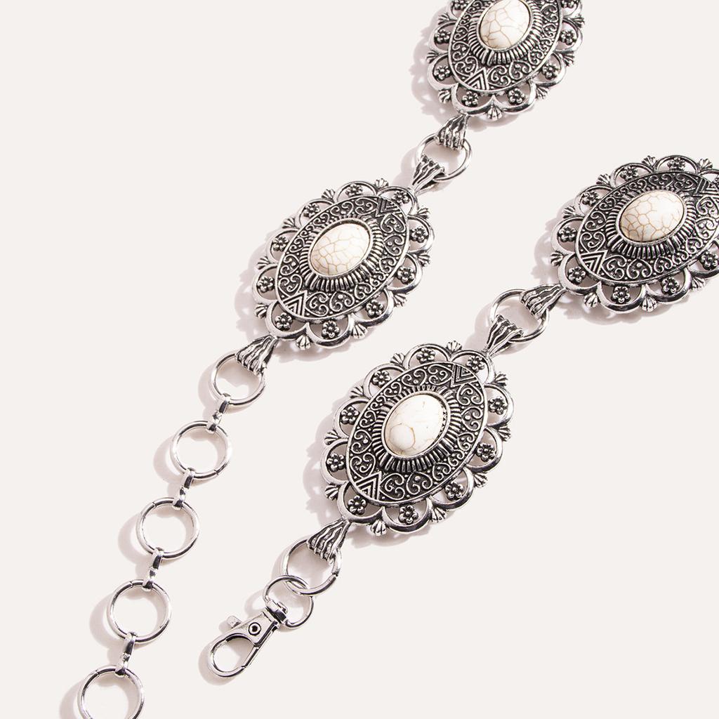 Women's Heavy Industry Exquisitely Carved White Turquoise Palace Style Heavy Metal Waist Chain Retro Fashionable Dress Belt