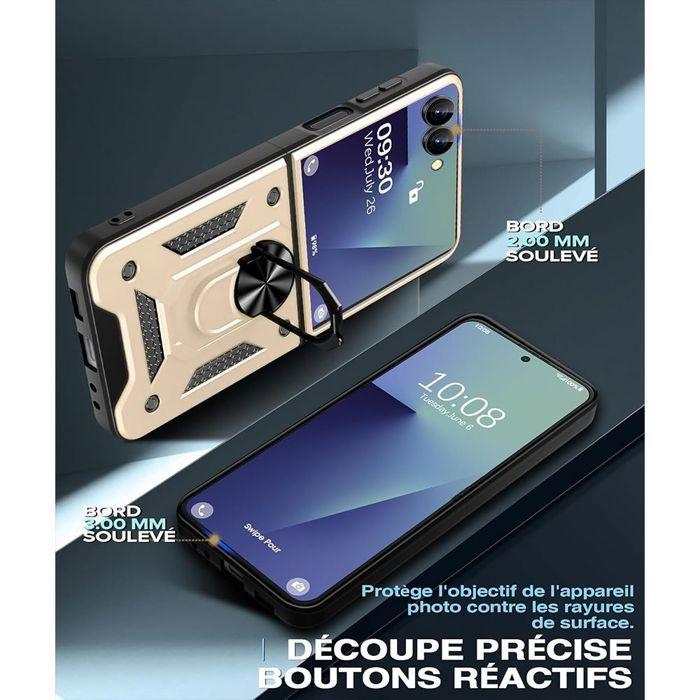 Coque + 2 Verres Trempés pour Samsung Galaxy Z Flip 8, Bumper Rigide avec Support Bague - Doré