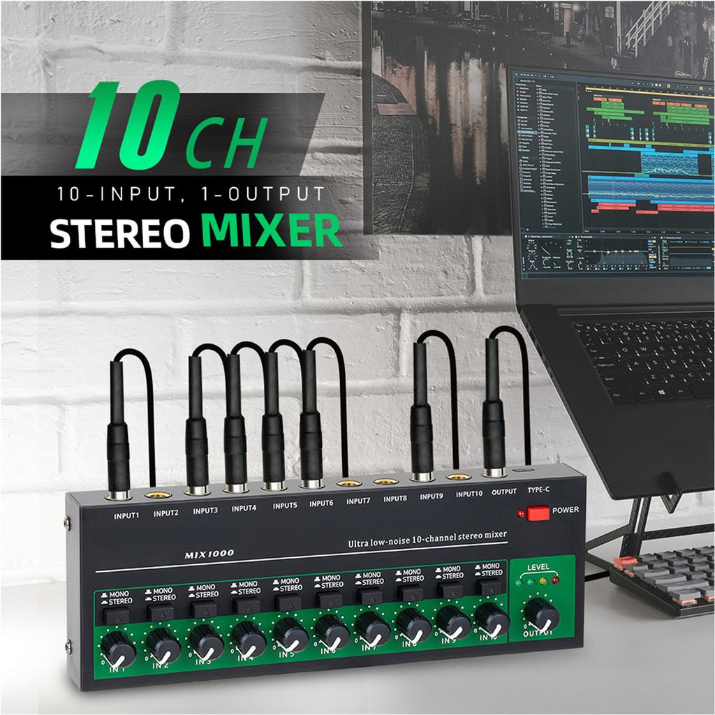 10 Channel Audio Mixer Stereo Mono Line Mixer 6.35mm TRS TS Input Metal Shell Type C Audio Processor for Guitar Bass