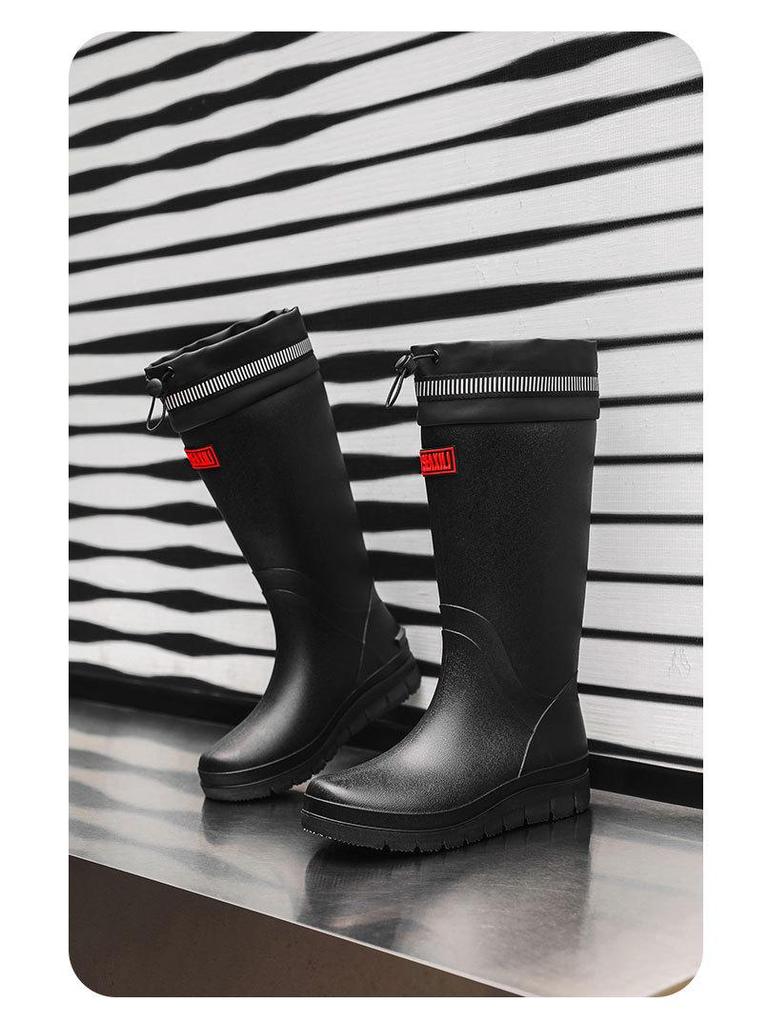 Men's High-Top Waterproof Non-Slip Rain Boots with Drawstring Long Tube Style