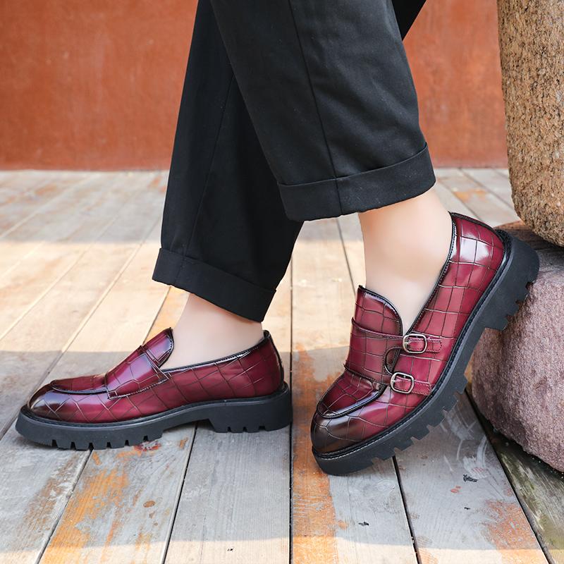 Fashion Red Thick Soled Mens Leather Shoes Double Button Loafers High Quality Business Oxford Male Shoes Casual Men Formal Dress Shoes