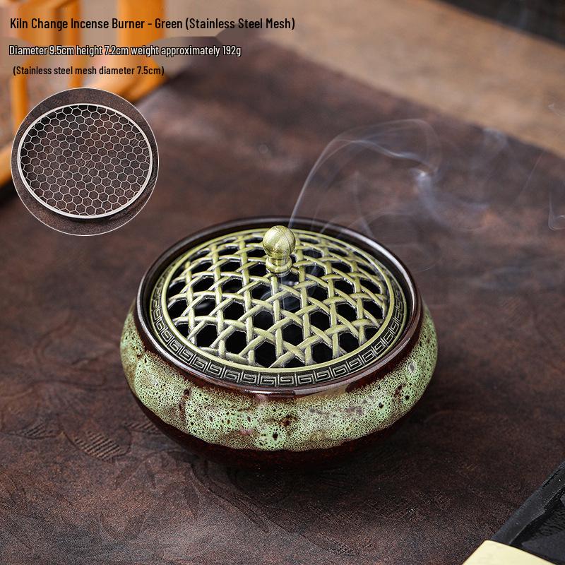 Ceramic Sandalwood Incense Holder with Net Lid and Crackle Glaze, for Coil and Stick Incense, Three-Legged Buddhist Home Use.