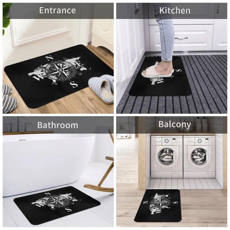 Compass With World Map Front Floor Door Entrance Mat Indoor Cardinal Points Of Earth Kitchen Bathroom Doormat Garage Carpet Rug