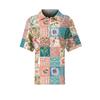 Women Fashion Casual Short Sleeve Waffle Knit Polo Collar Top with Patchwork Floral Print Loose Fit Button Down Shirt