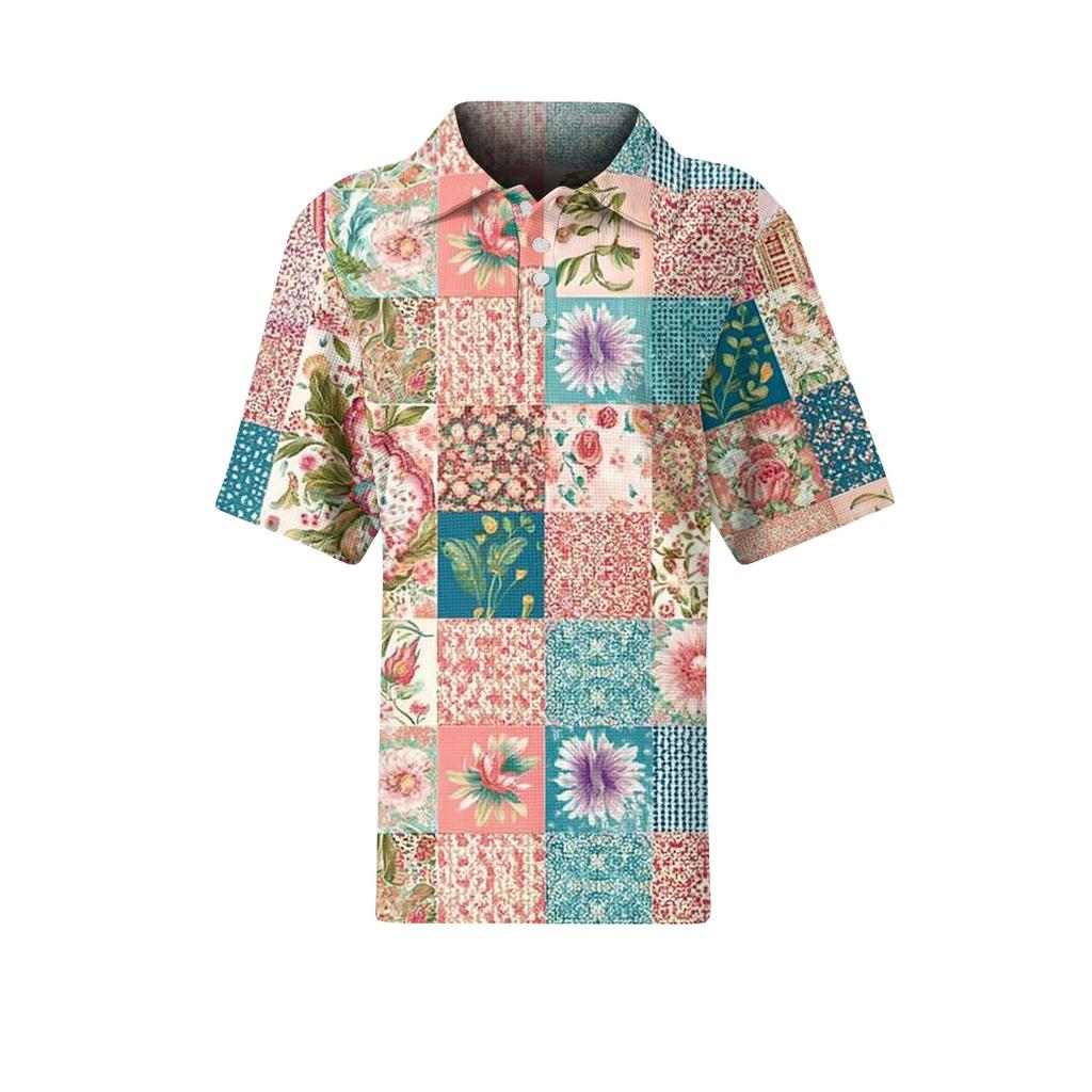 Women Fashion Casual Short Sleeve Waffle Knit Polo Collar Top with Patchwork Floral Print Loose Fit Button Down Shirt