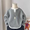 Babys Boys Waffle Grid Long Sleeved V-neck T-shirt Spring Autumn 2026 Pullover Cotton Hoodie Kids Handsome Fake Two Items Tops