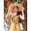 Yellow lotus leaf beautiful floral suspender dress women's summer vacation French summer temperament beach fishtail dress