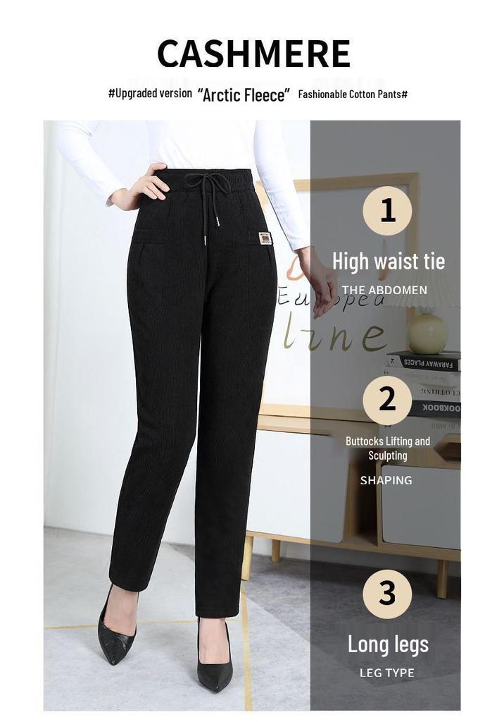 Corduroy Women's Plus Size Cotton Pants for Winter/Autumn, Thickened with Velvet, Ideal for Middle-Aged and Elderly.